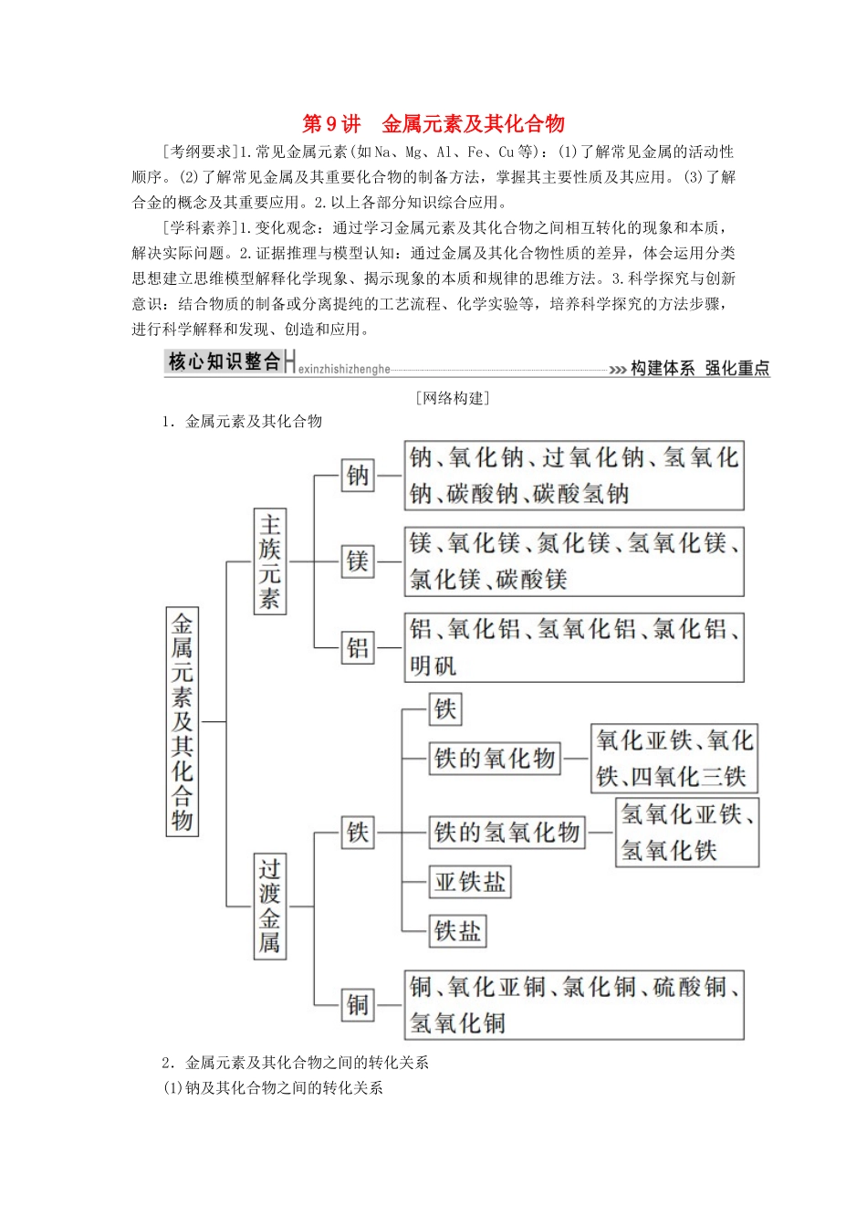 高考化学二轮冲刺复习精讲 第一部分 必考部分 第9讲 金属元素及其化合物讲义（含解析）-人教版高三全册化学学案_第1页