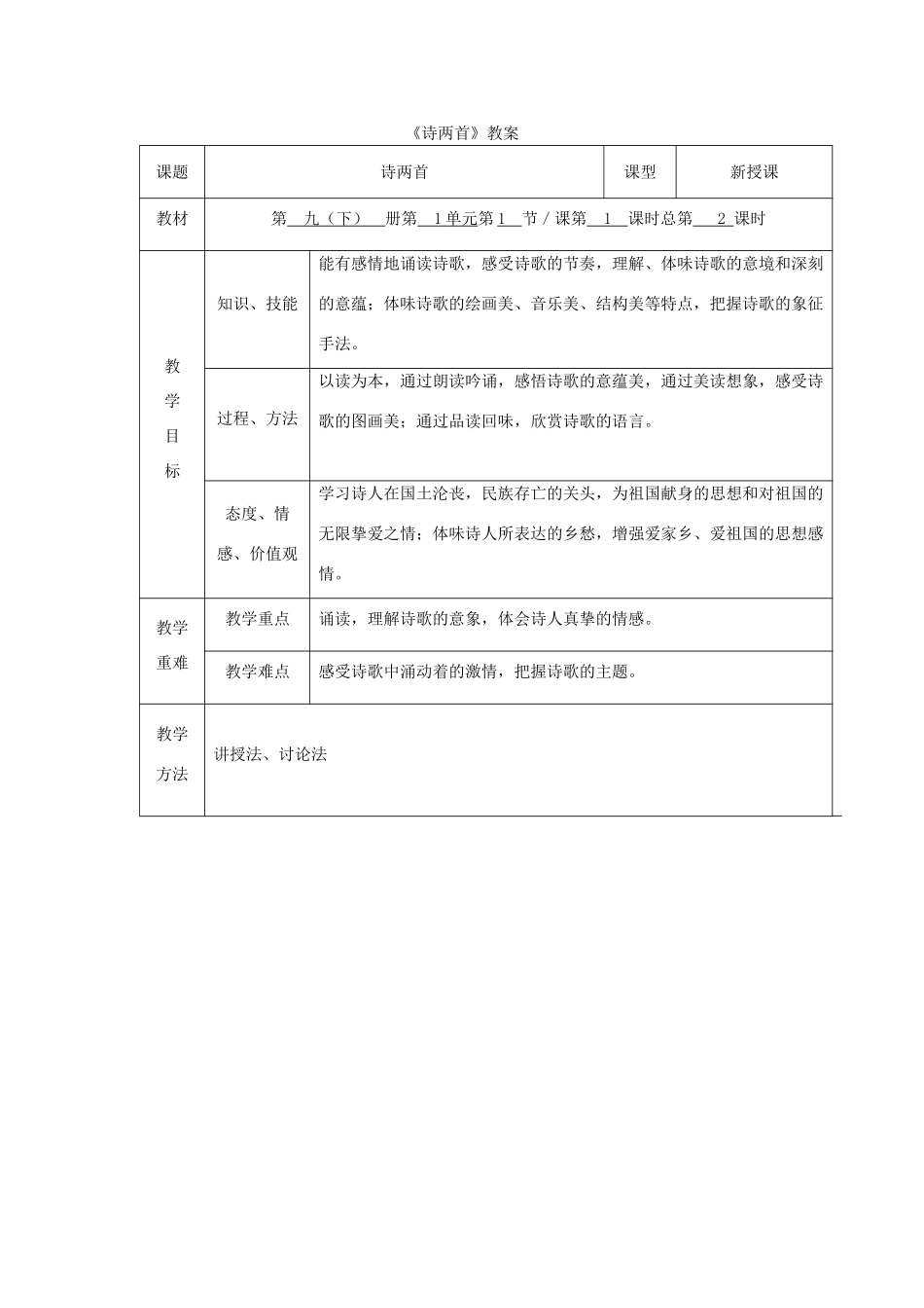 九年级语文下册《诗两首》教案1 鲁教版_第1页