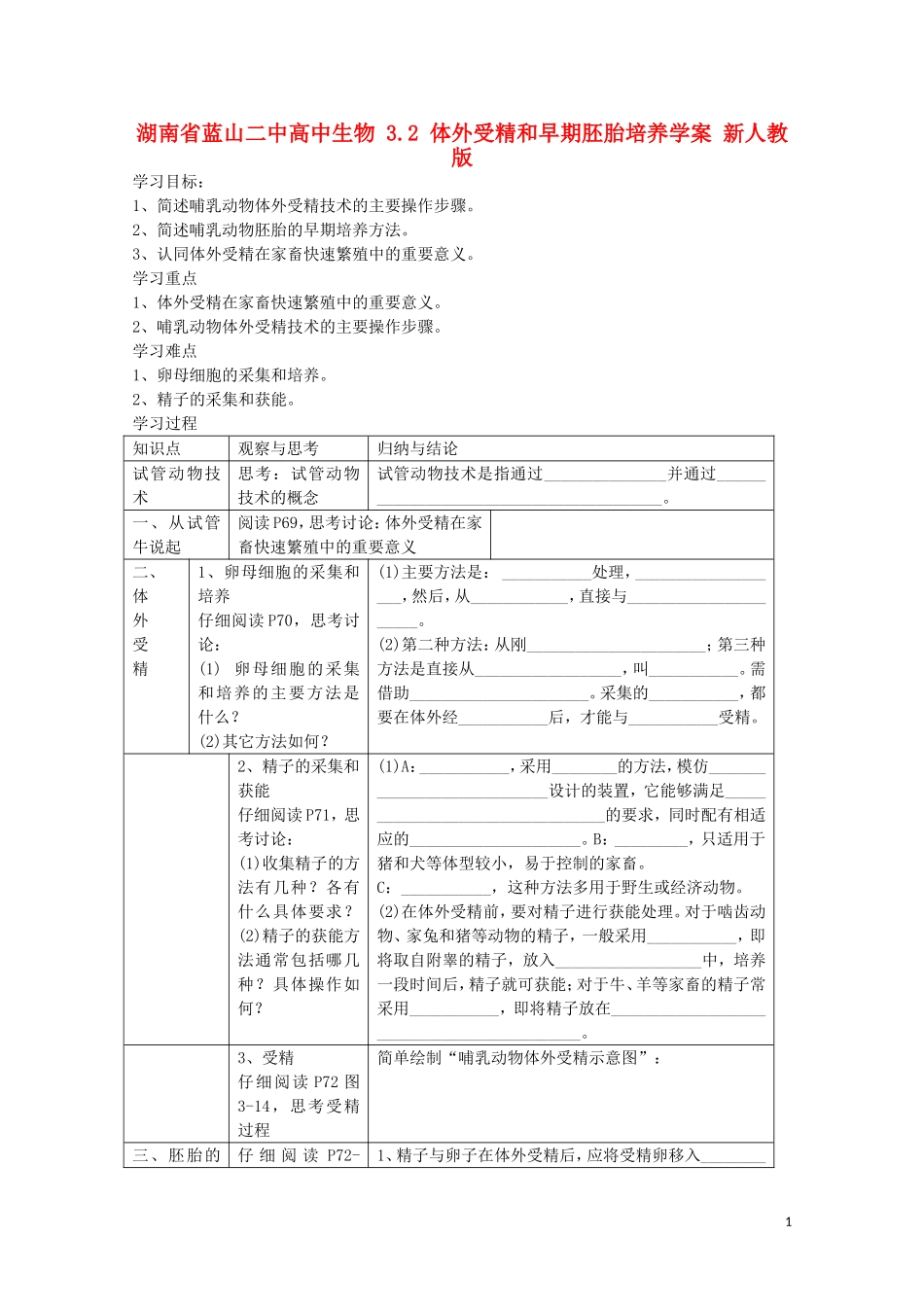 湖南省蓝山二中高中生物 3.2 体外受精和早期胚胎培养学案 新人教版_第1页