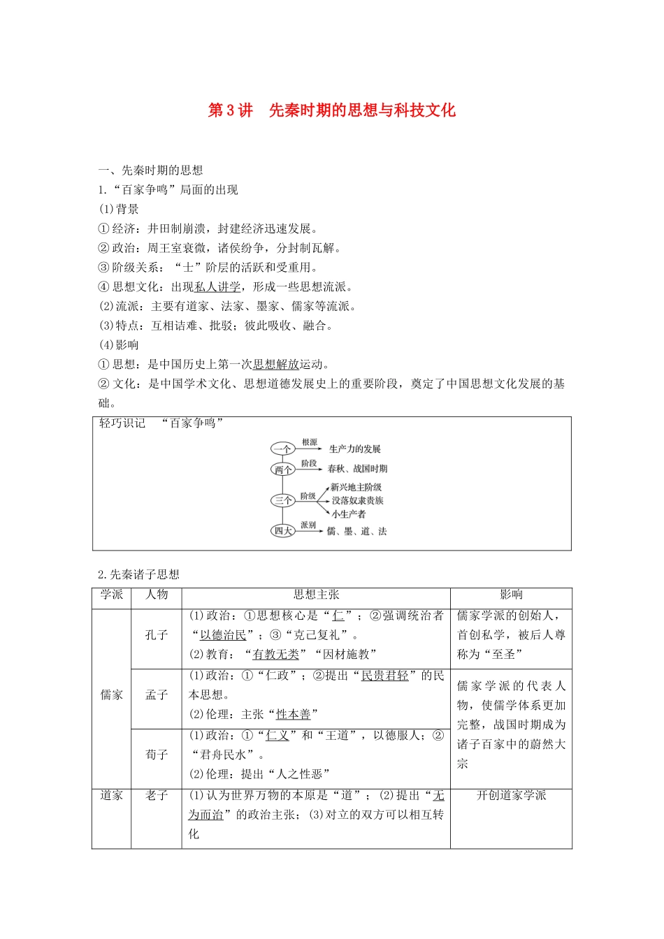 高考历史一轮复习 第一单元 中华文明的起源与奠基—先秦 第3讲 先秦时期的思想与科技文化学案 新人教版-新人教版高三全册历史学案_第1页