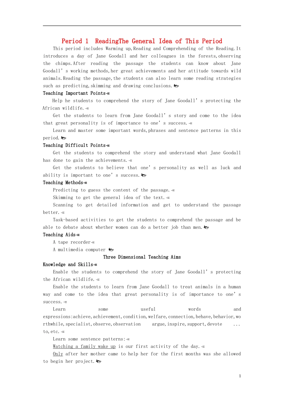 高中英语-Period-1-Reading(Unit-1-Women-of-achievement)优秀教案-新人教版必修4_第1页