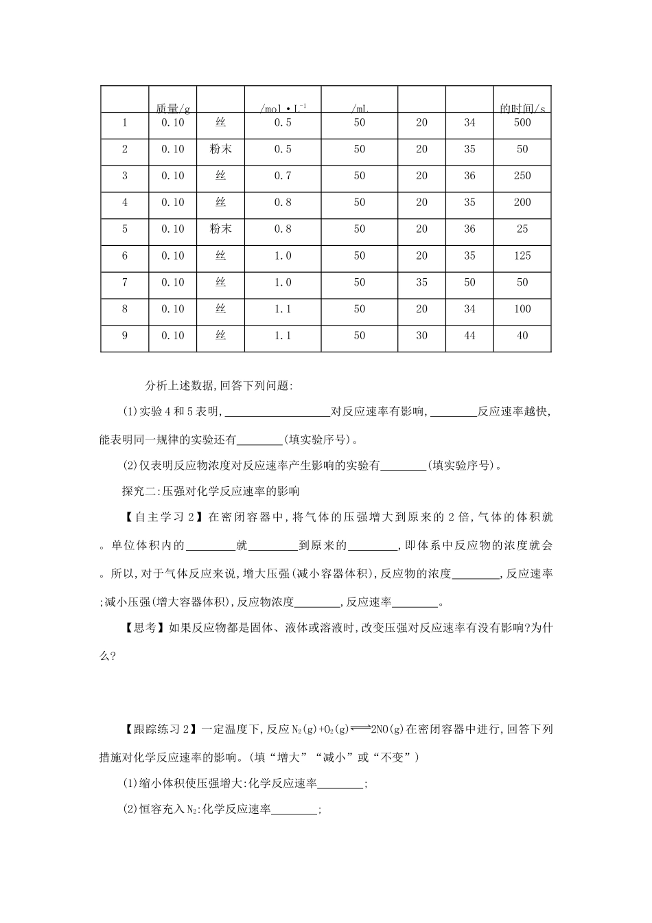 高中化学 第二章 化学反应速率和化学平衡 2.2.1 浓度、压强对化学反应速率的影响学案设计 新人教版选修4-新人教版高二选修4化学学案_第2页