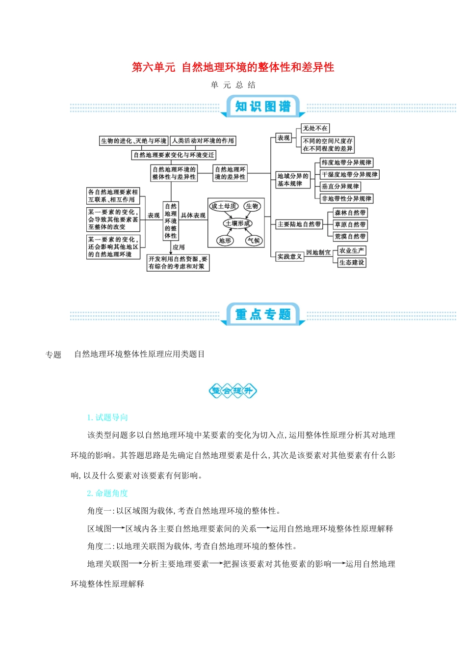高考地理总复习 第六单元 自然地理环境的整体性和差异性单元总结学案-人教版高三全册地理学案_第1页