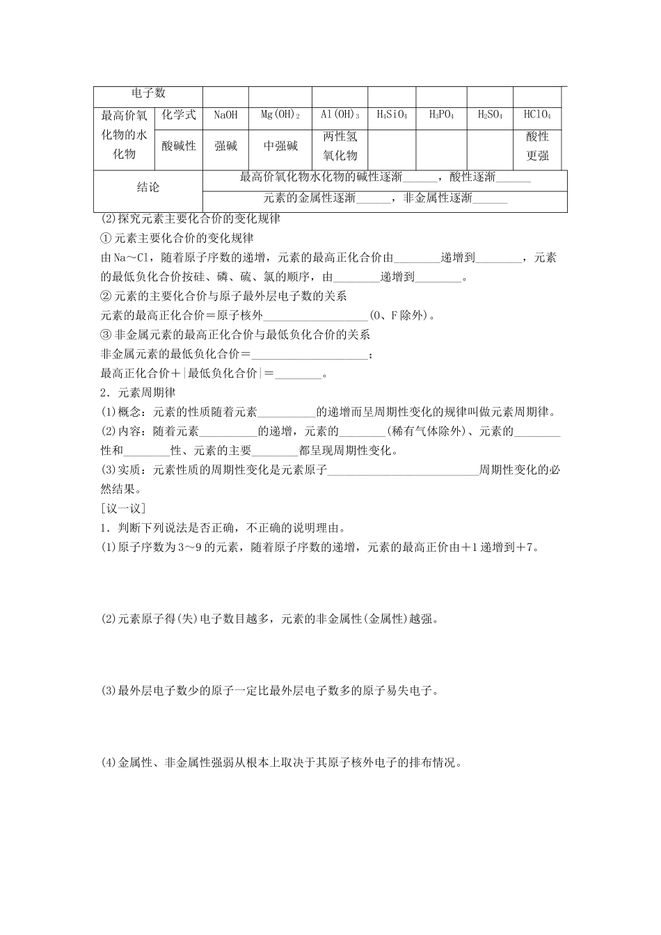 高中化学 专题1 微观结构与物质的多样性 第一单元 核外电子排布与周期律 1.1.2 元素周期律导学案 苏教版必修2-苏教版高一必修2化学学案_第3页