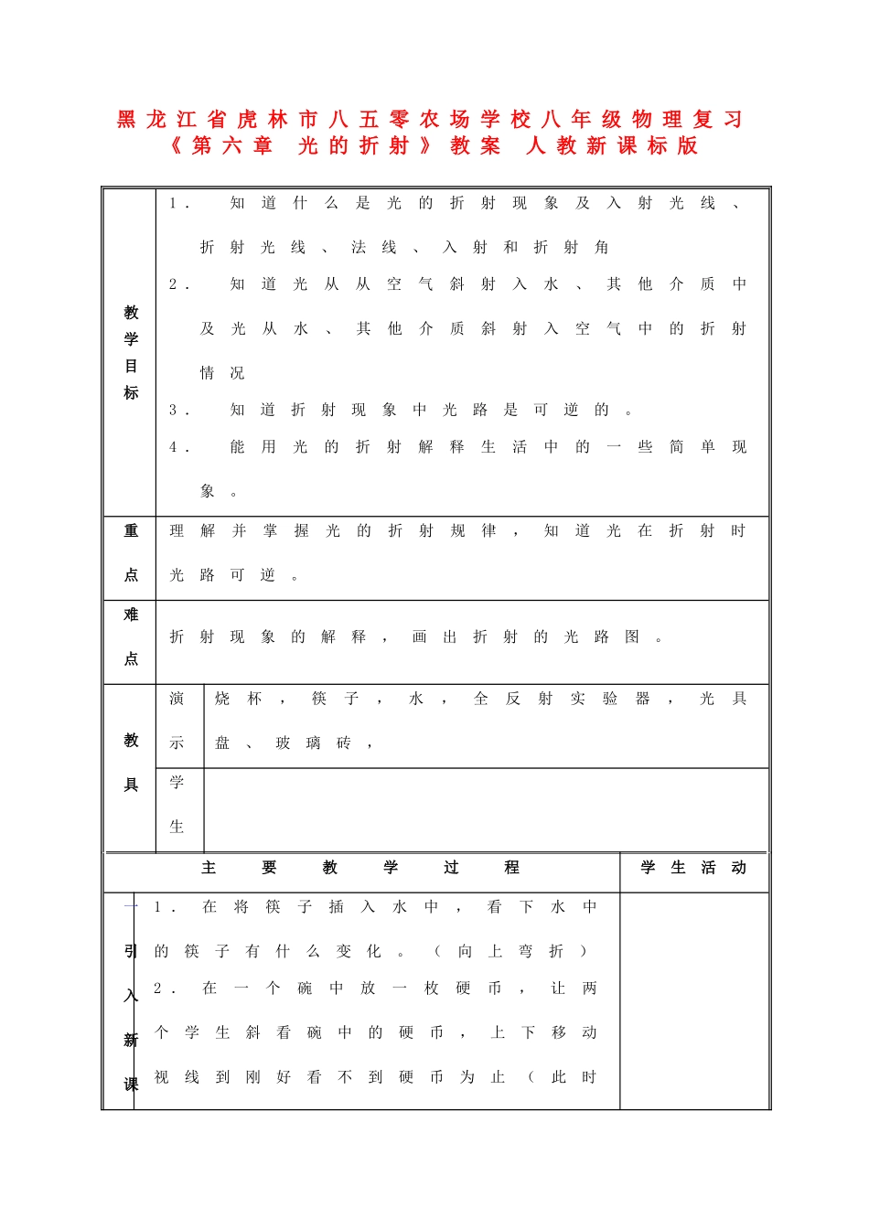 黑龙江省虎林市八五零农场学校八年级物理复习《第六章 光的折射》教案 人教新课标版_第1页