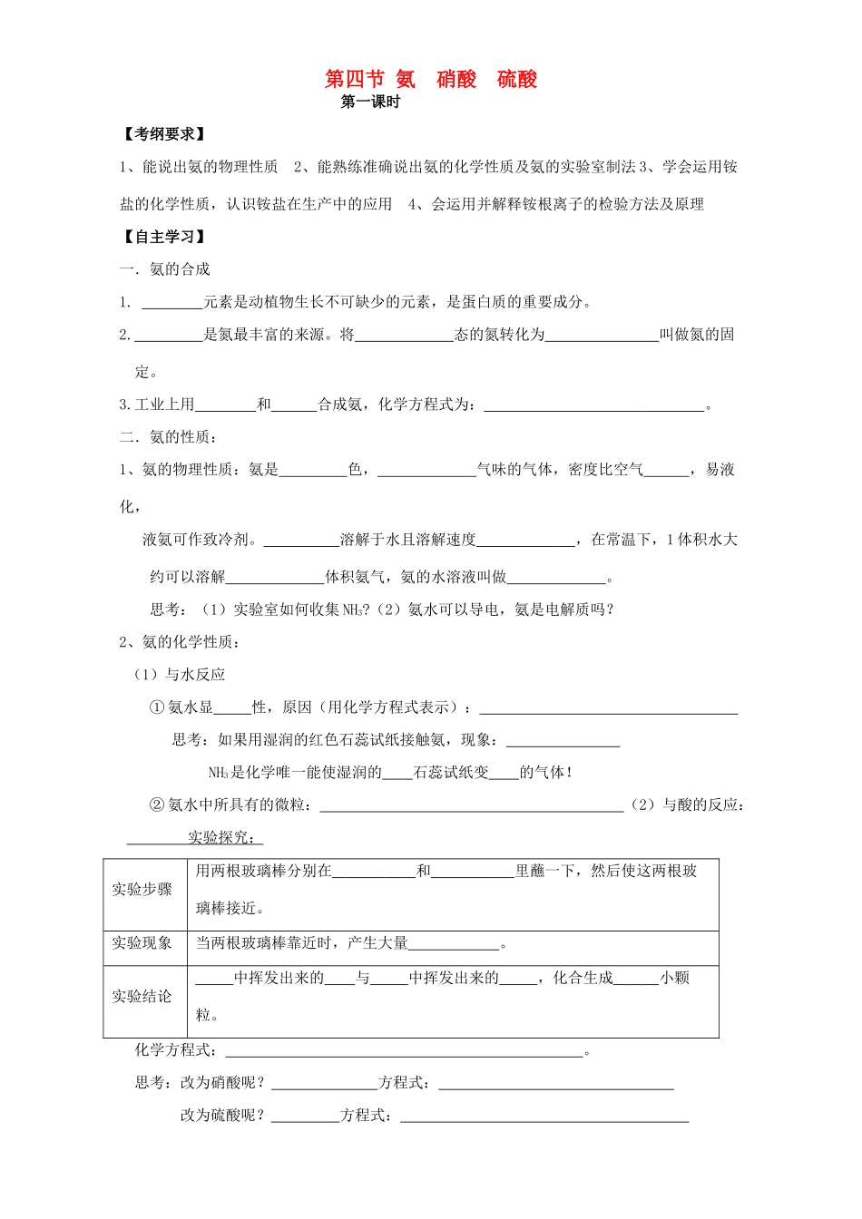 高中化学 4.4氨 硝酸 硫酸学案 新人教版必修1-新人教版高一必修1化学学案_第1页