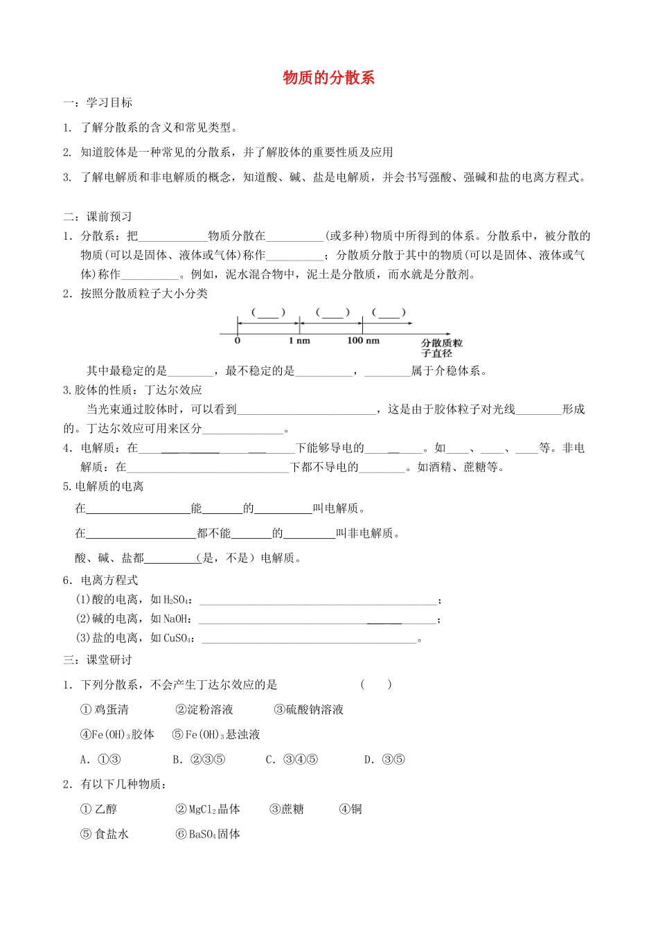 高中化学 专题一 化学家眼中的物质世界 第一单元 丰富多彩的化学物质 物质的分散系学案 苏教版必修1-苏教版高一必修1化学学案_第1页