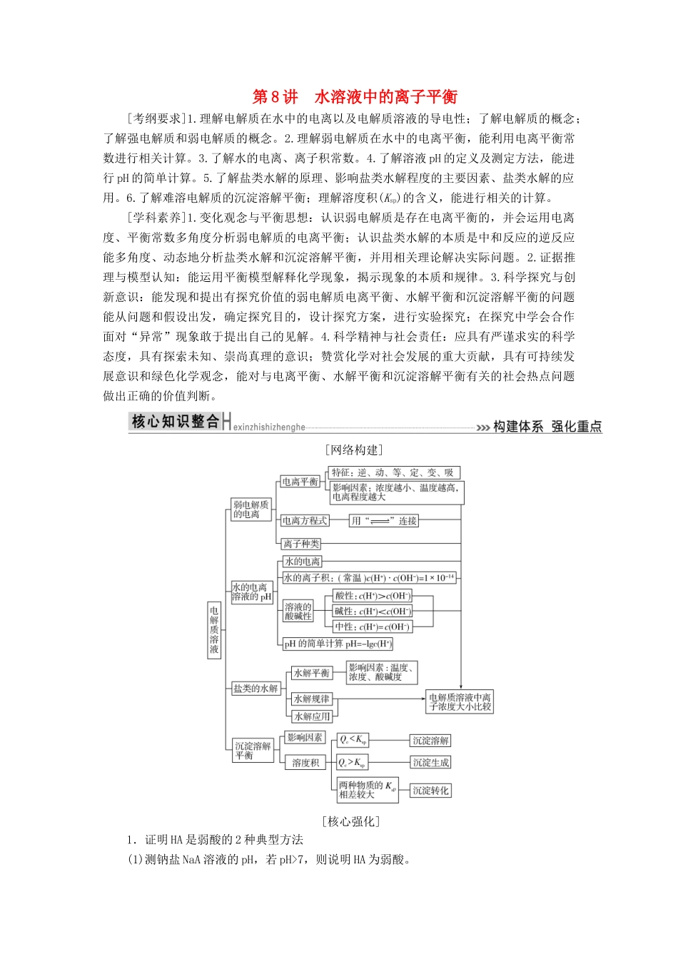 高考化学二轮冲刺复习精讲 第一部分 必考部分 第8讲 水溶液中的离子平衡讲义（含解析）-人教版高三全册化学学案_第1页