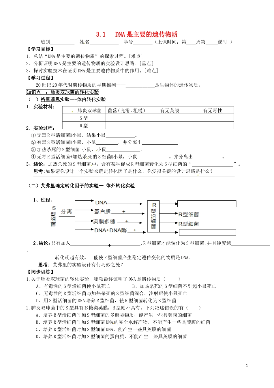 广东省化州市实验中学高中生物 3.1-3.2 DNA是主要的遗传物质、DNA分子的结构学案 新人教版必修2_第1页