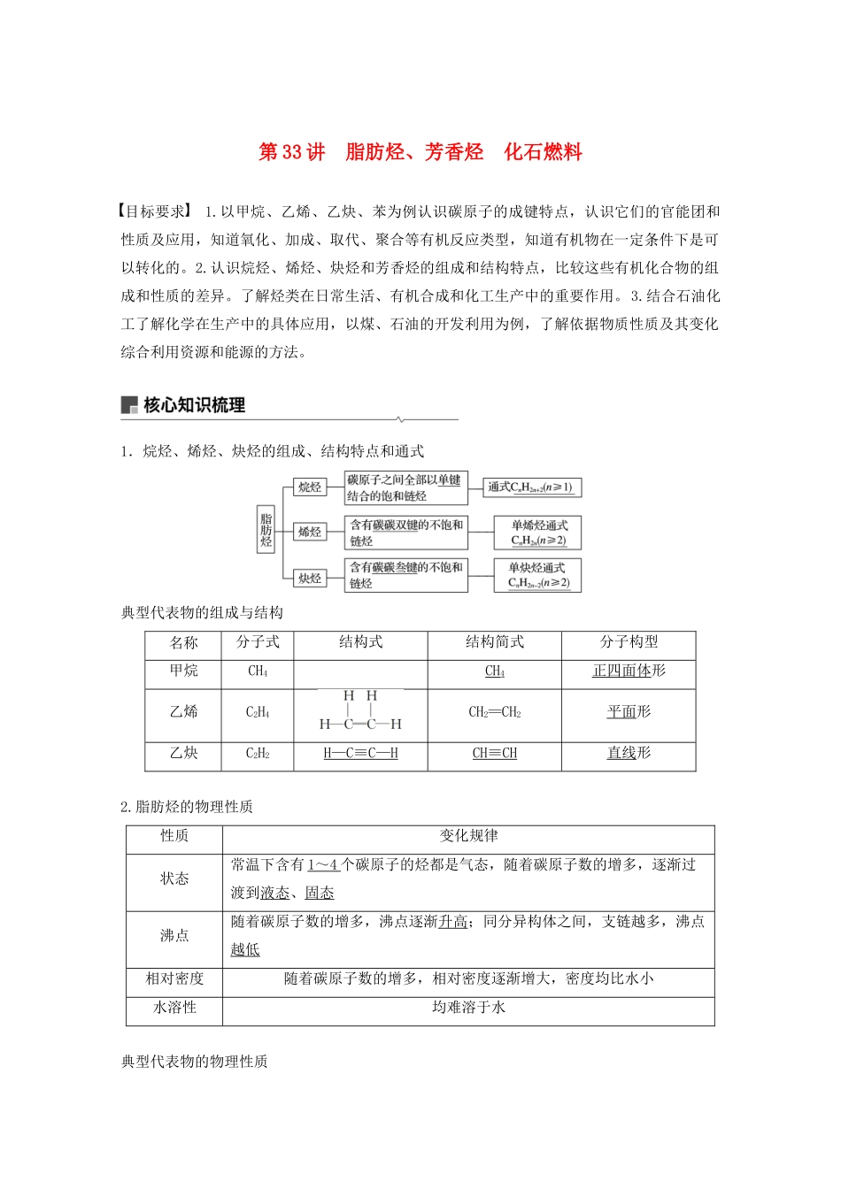 高考化学一轮复习 第10章 有机化学基础 第33讲 脂肪烃、芳香烃 化石燃料学案-人教版高三全册化学学案_第1页