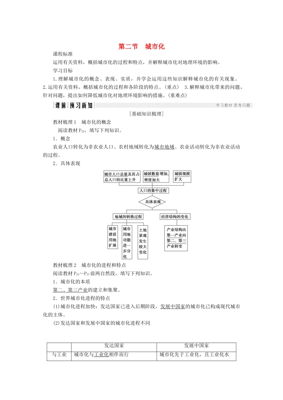 高中地理 第二章 城市的空间结构与城市化 第2节 城市化导学案 中图版必修2-中图版高一必修2地理学案_第1页