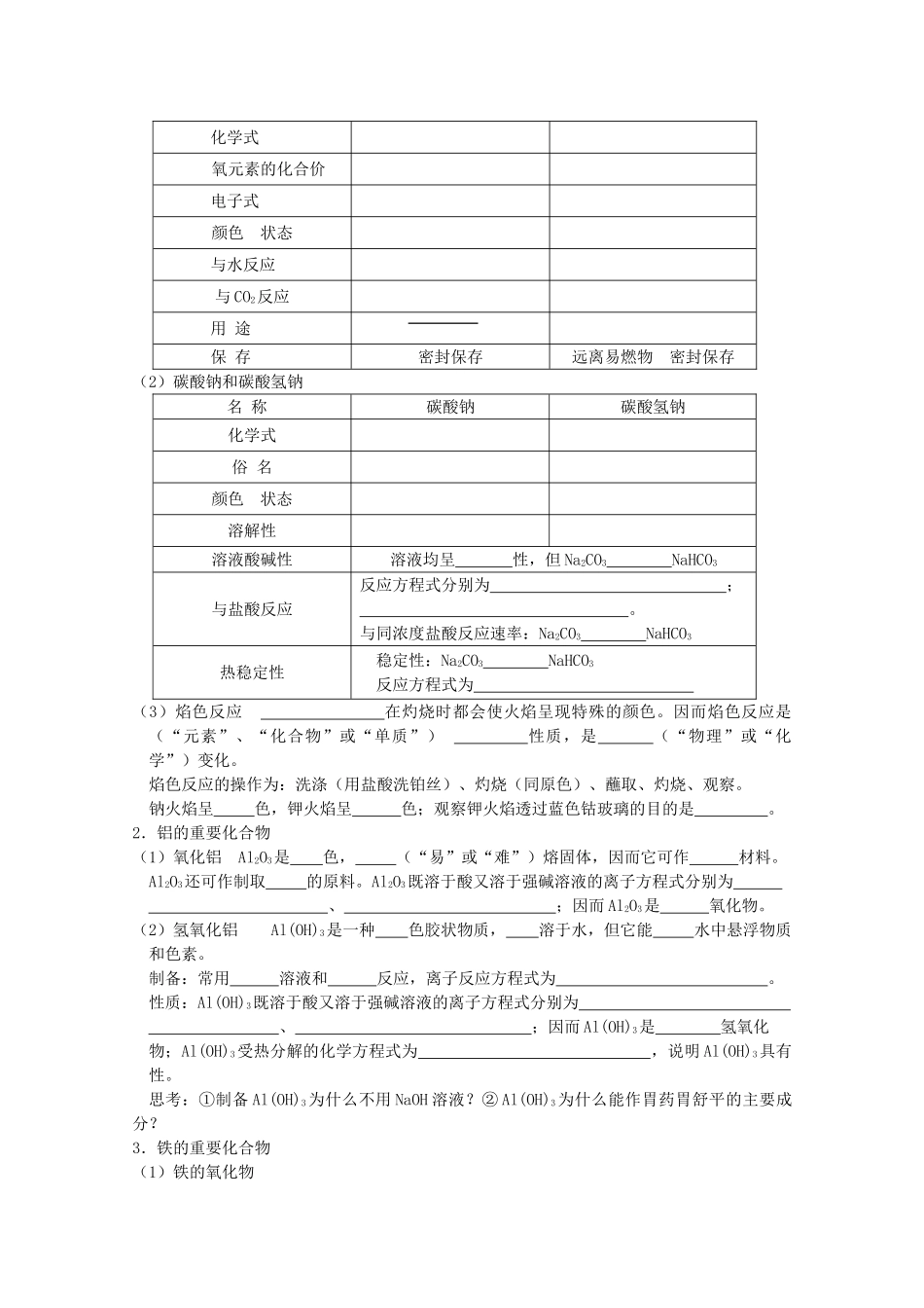高中化学 第三章 金属及其化合物复习学案（无答案）新人教版必修1-新人教版高一必修1化学学案_第2页