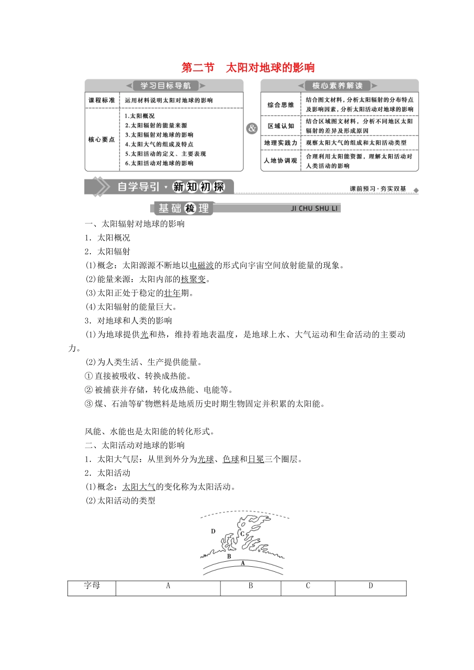 高中地理 第一章 宇宙中的地球 1.2 太阳对地球的影响学案 新人教版必修第一册-新人教版高一第一册地理学案_第1页