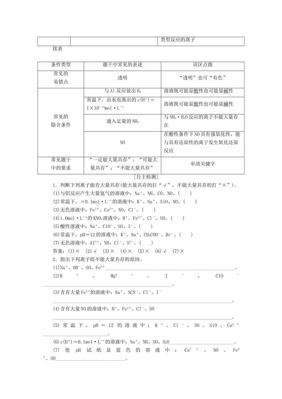 高考化学一轮复习 第2章 化学物质及其变化 第7讲 离子共存 离子的检验与推断学案 新人教版-新人教版高三全册化学学案_第2页