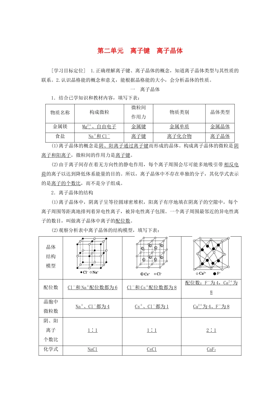 高中化学 专题3 微粒间作用力与物质性质 第二单元 离子键 离子晶体学案 苏教版选修3-苏教版高二选修3化学学案_第1页