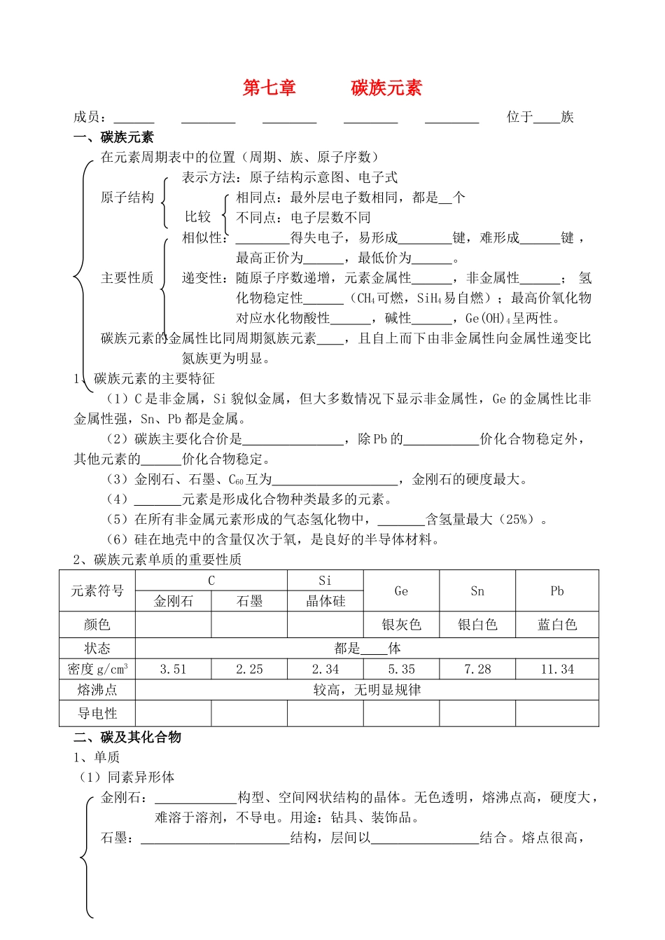 高中化学 第七章 碳族元素 无机非金属材料 单元综合学案 人教版第一册_第1页