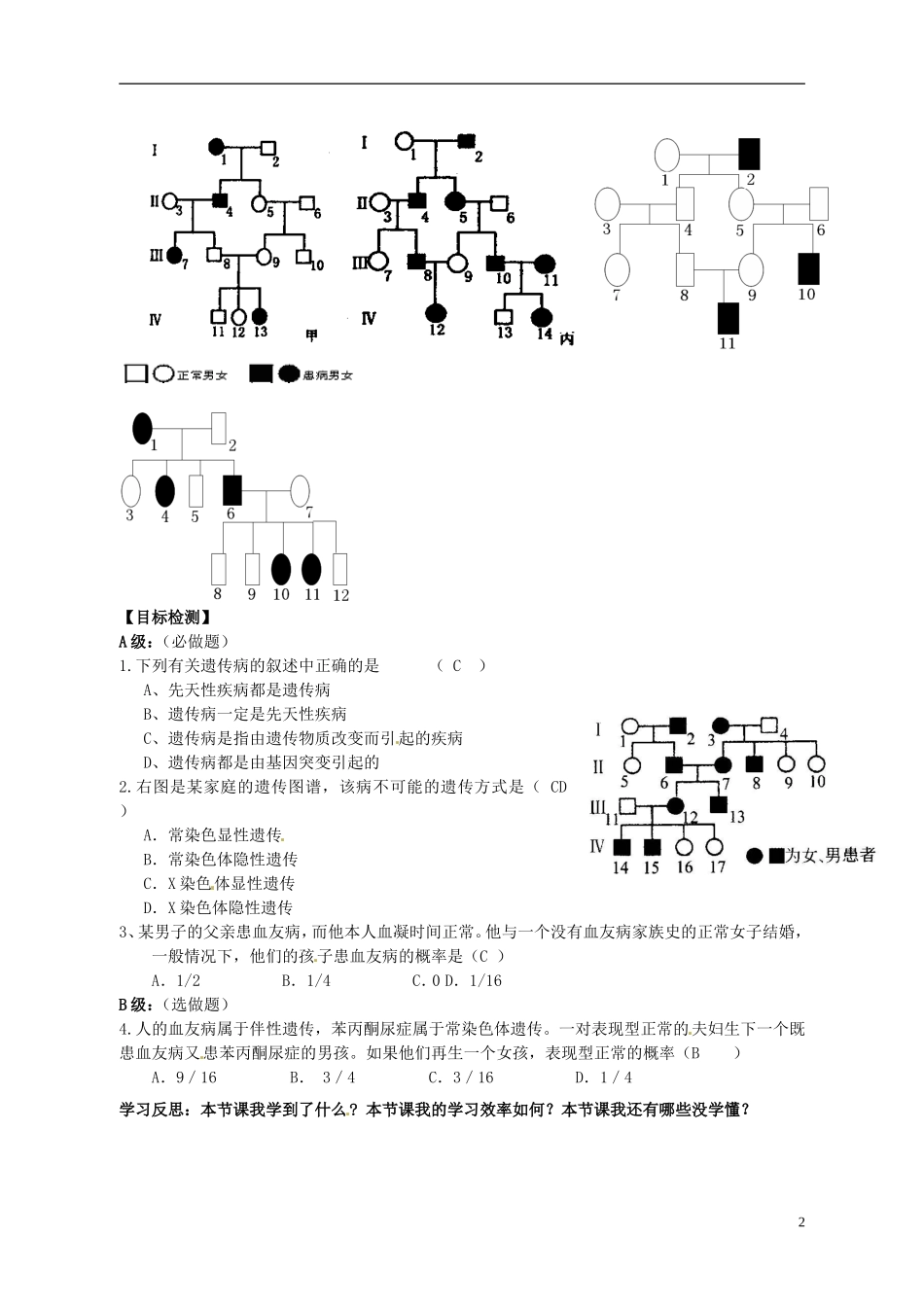 湖南省隆回县第二中学高中生物 第5章 人类遗传病导学案 新人教版必修2_第2页