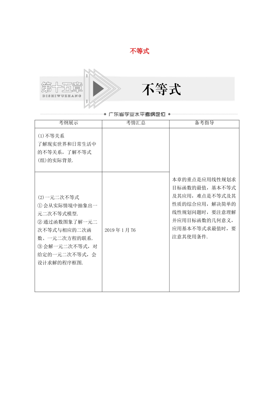 广东省高考数学学业水平合格考试总复习 第15章 不等式（教师用书）教案-人教版高三全册数学教案_第1页