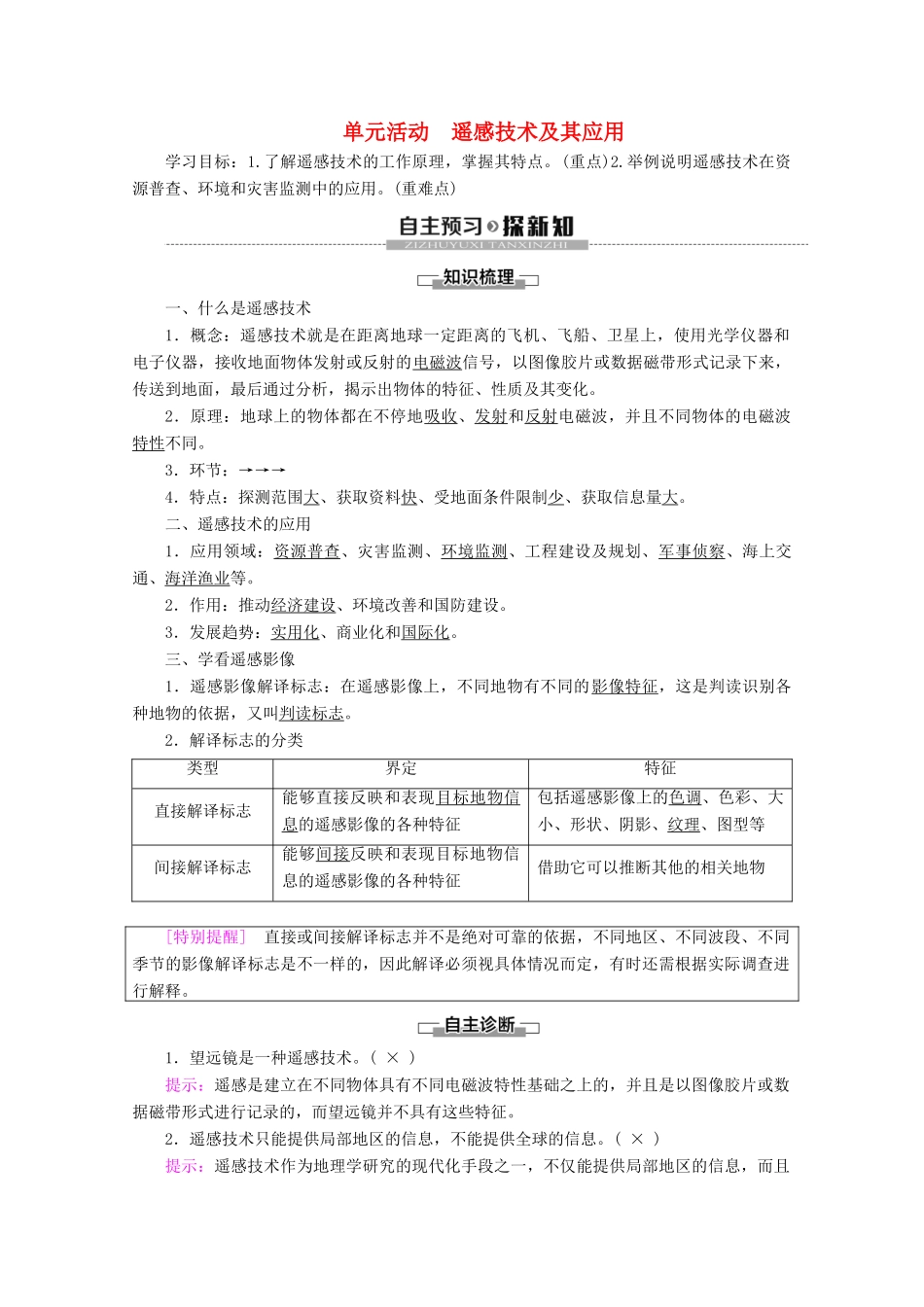 高中地理 第4单元 从人地关系看资源与环境 单元活动 遥感技术及其应用学案 鲁教版必修1-鲁教版高一必修1地理学案_第1页