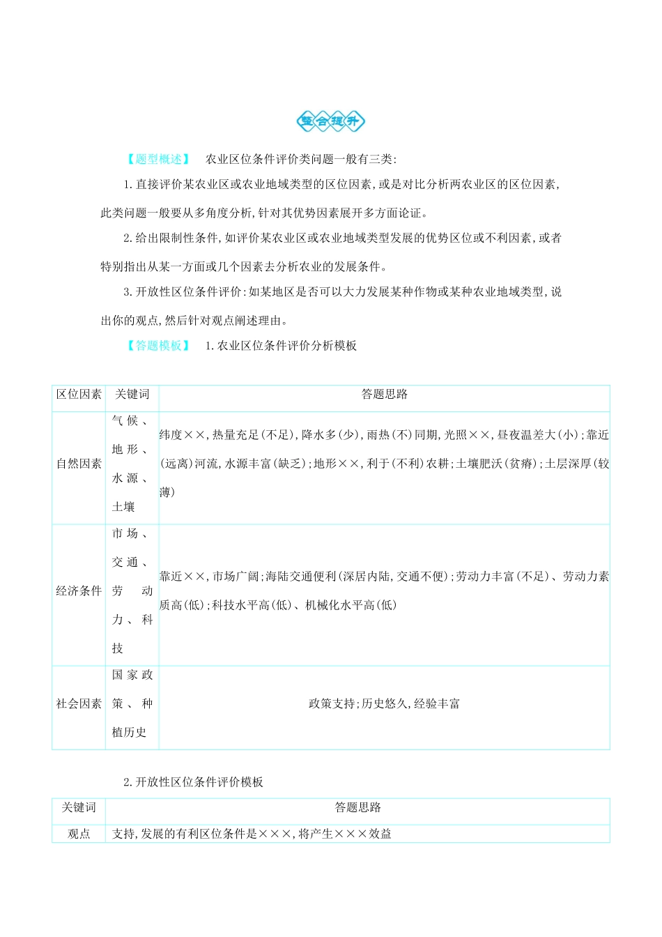 高考地理总复习 第十单元 农业地域的形成与发展单元总结学案-人教版高三全册地理学案_第3页
