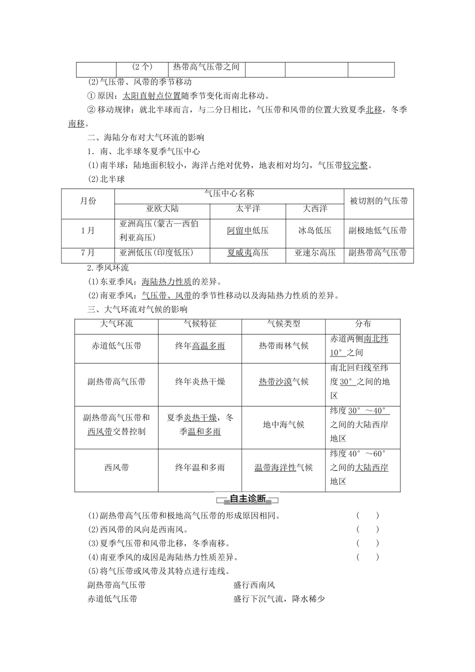 高中地理 第2章 自然地理环境中的物质运动和能量交换 第1节 大气的热状况与大气运动 第3课时 大气环流学案 中图版必修1-中图版高一必修1地理学案_第2页