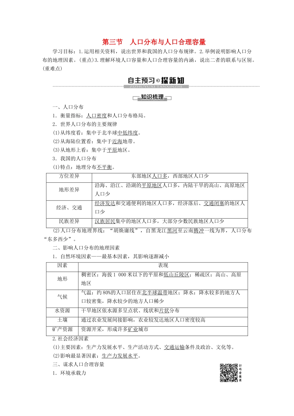 高中地理 第1单元 人口与地理环境 第3节 人口分布与人口合理容量学案 鲁教版必修2-鲁教版高一必修2地理学案_第1页
