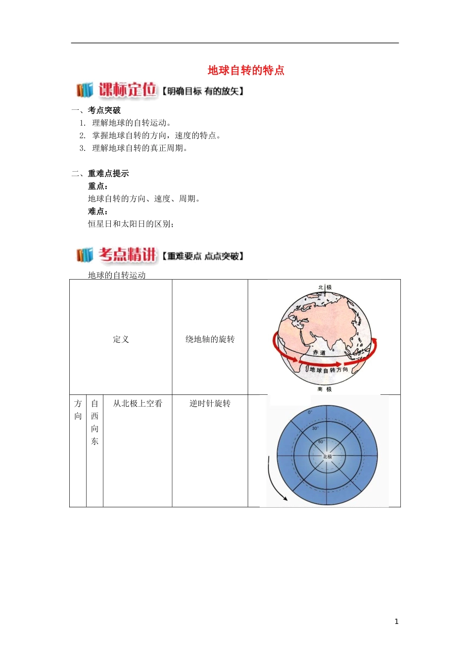高中地理 第一章 宇宙中的地球 第三节 地球的运动 地球自转的特点学案 湘教版必修1-湘教版高一必修1地理学案_第1页