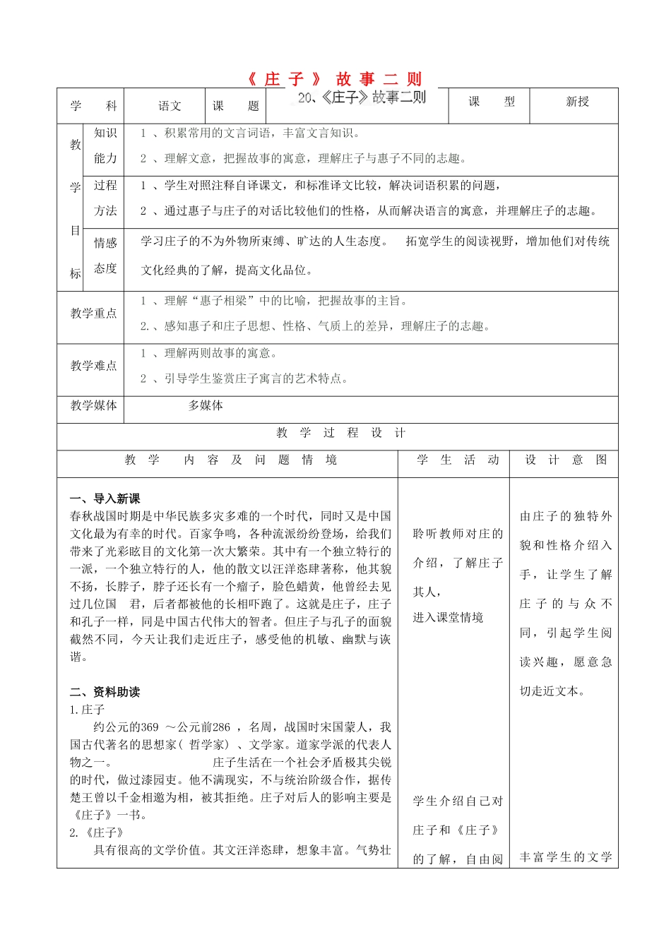 内蒙古呼和浩特市敬业学校九年级语文下册《庄子》故事二则教案 新人教版_第1页