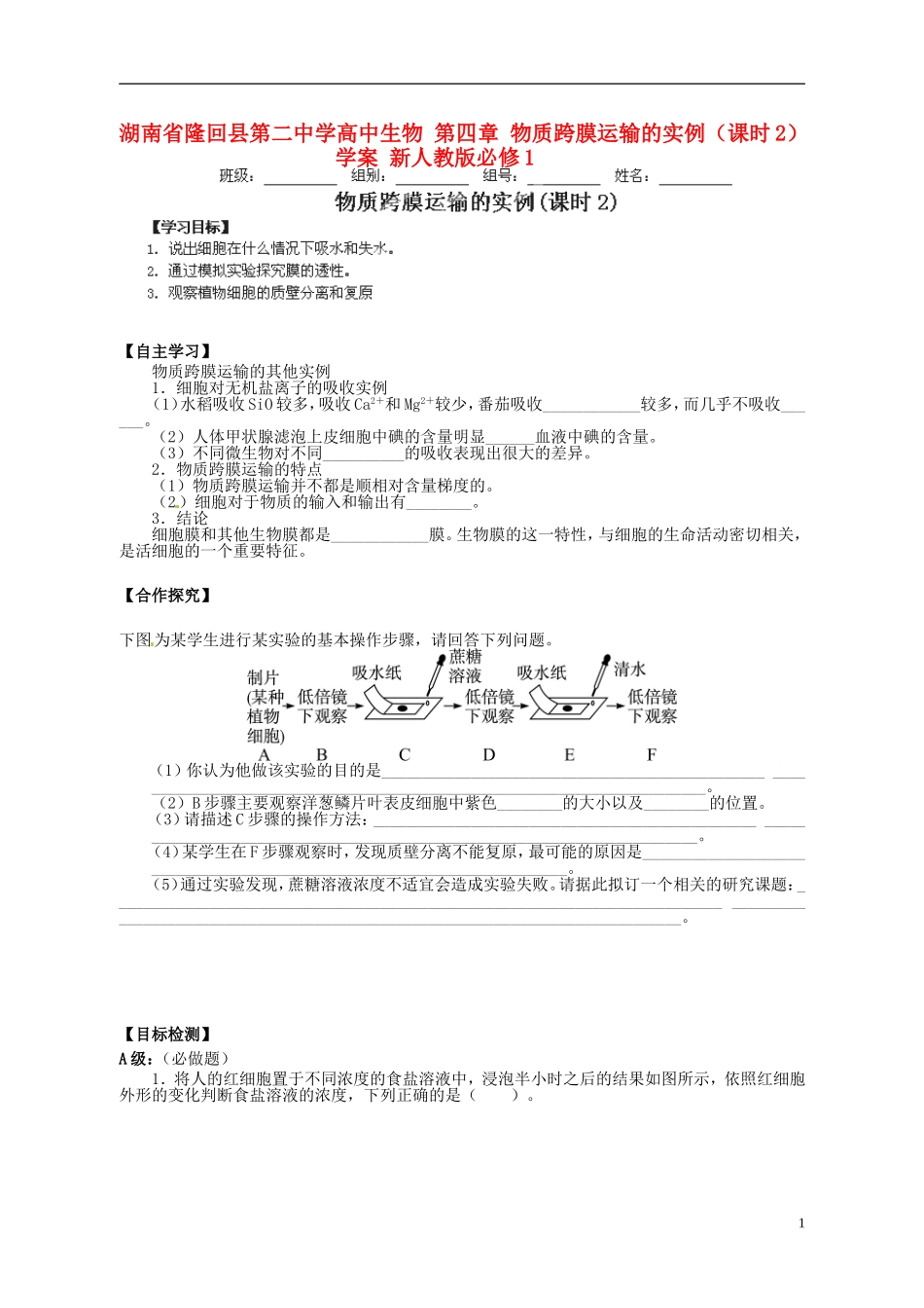 湖南省隆回县第二中学高中生物 第四章 物质跨膜运输的实例（课时2）学案 新人教版必修1_第1页