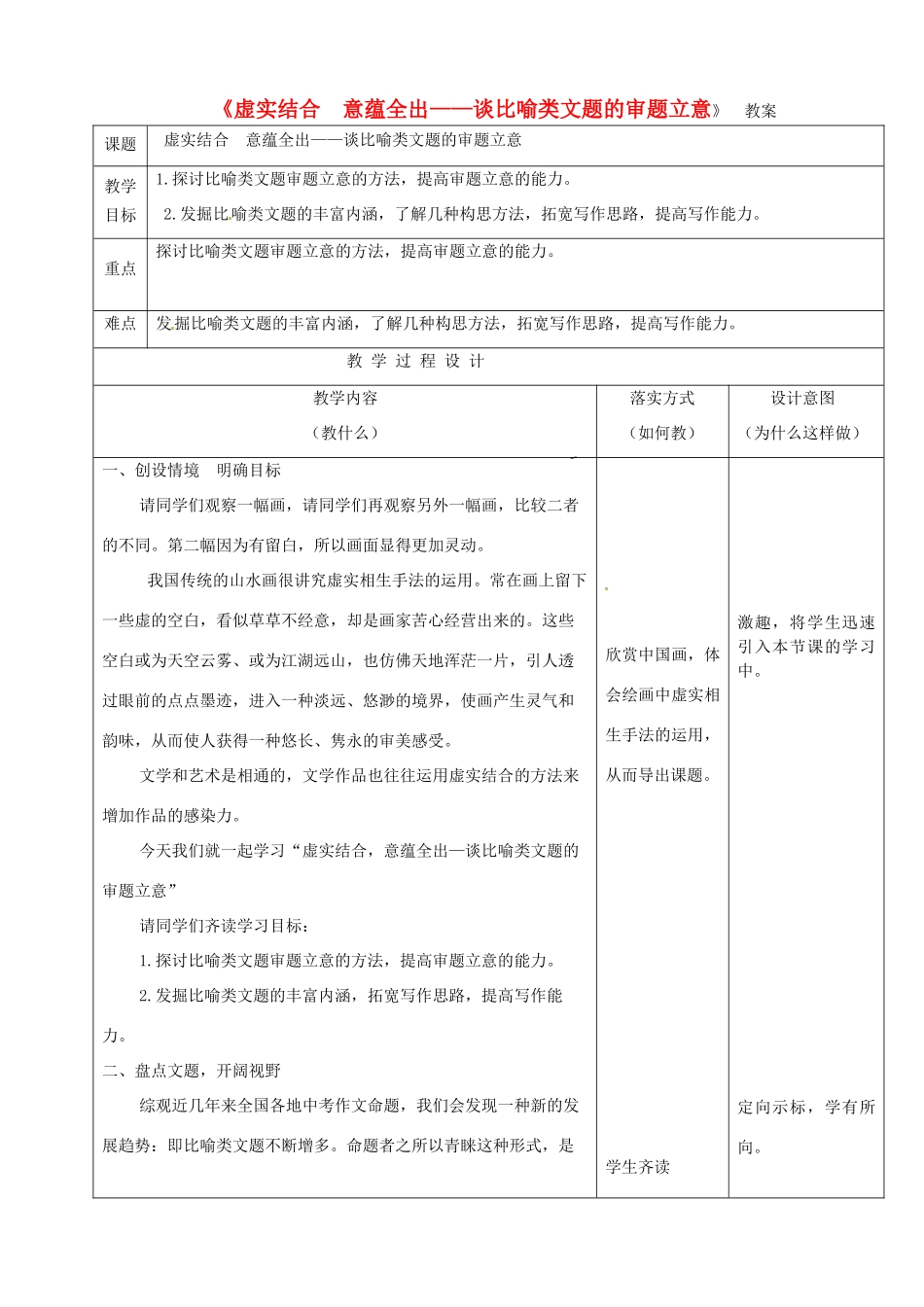 河北省石家庄市42中九年级语文《虚实结合,意蕴全出—谈比喻类文题的审题立意》教案 冀教版_第1页