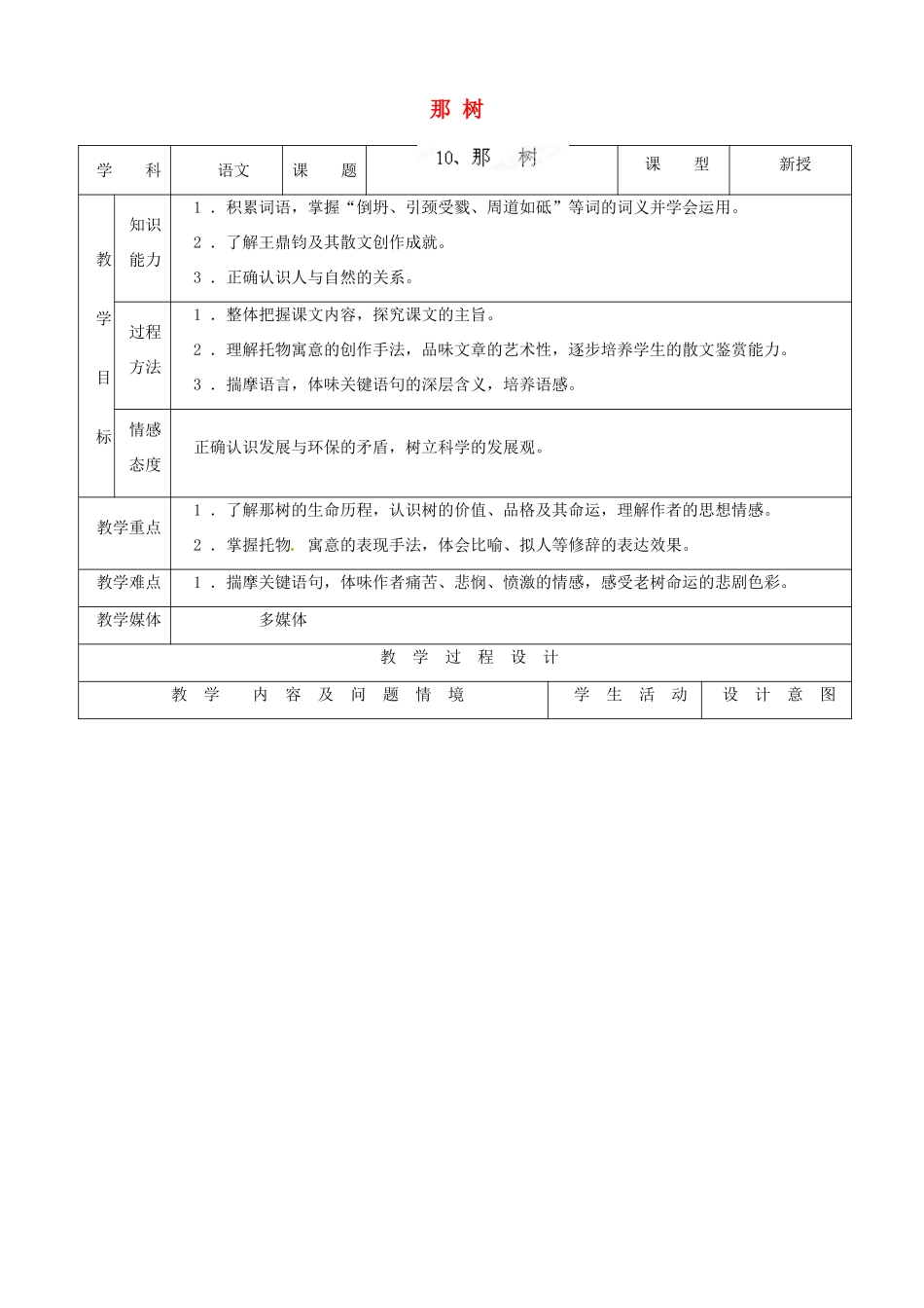 内蒙古呼和浩特市敬业学校九年级语文下册 那树教案 新人教版_第1页