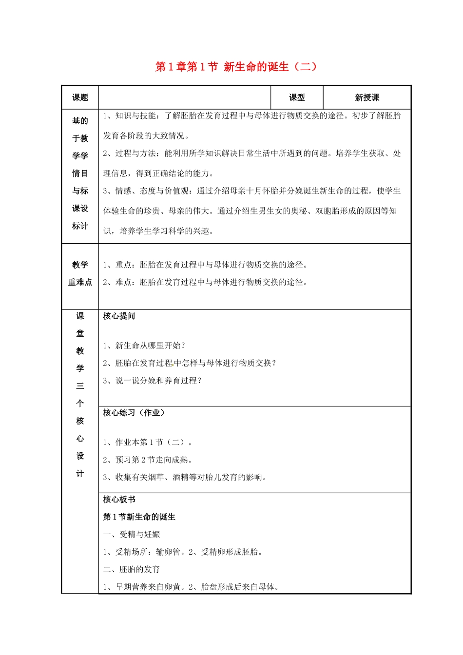 浙江省温州市苍南县桥墩镇五凤学校七年级科学下册 第1章第1节 新生命的诞生教案（二） 浙教版_第1页