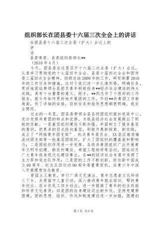 组织部长在团县委十六届三次全会上的讲话发言