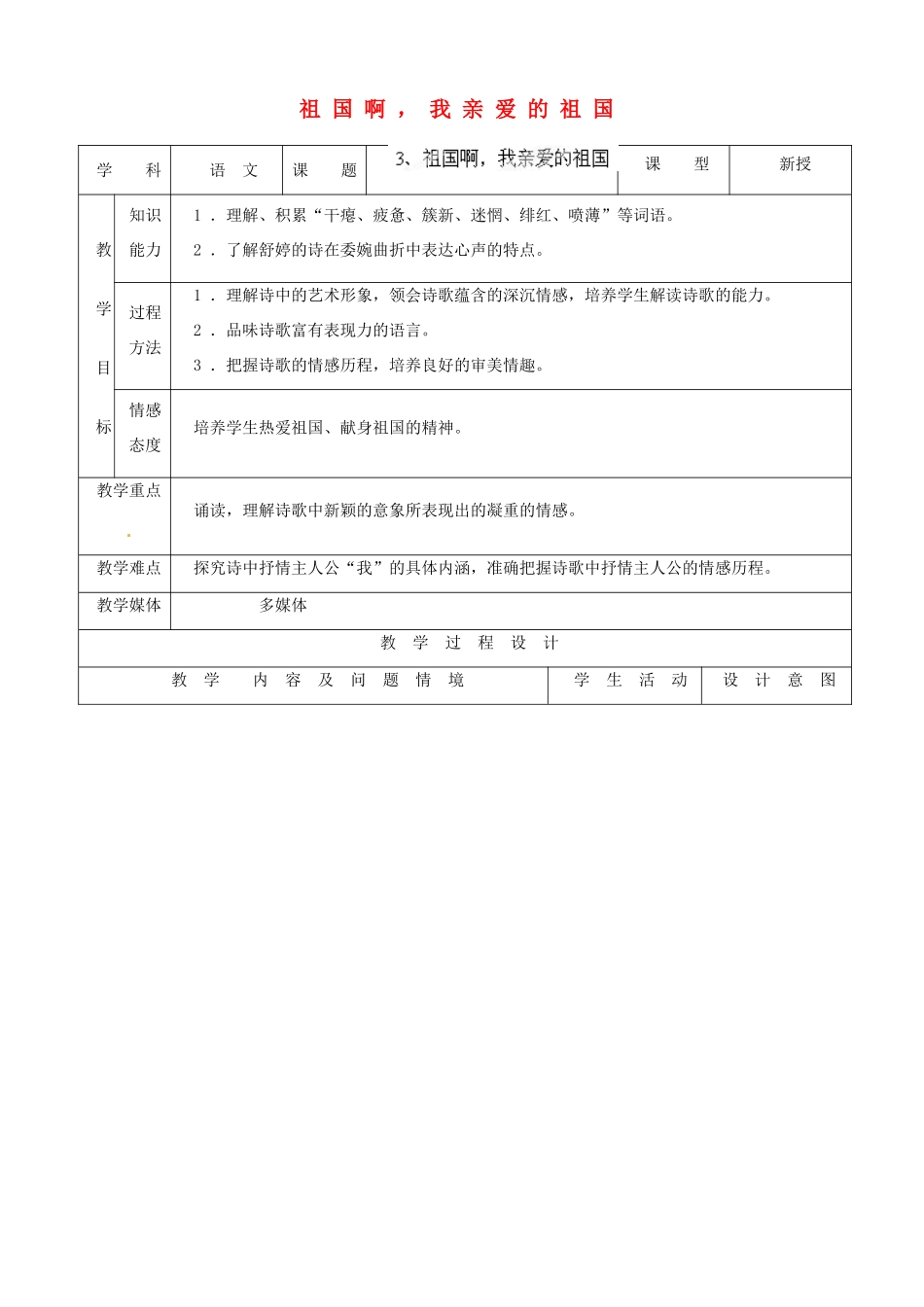 内蒙古呼和浩特市敬业学校九年级语文下册 祖国啊，我亲爱的祖国教案 新人教版_第1页