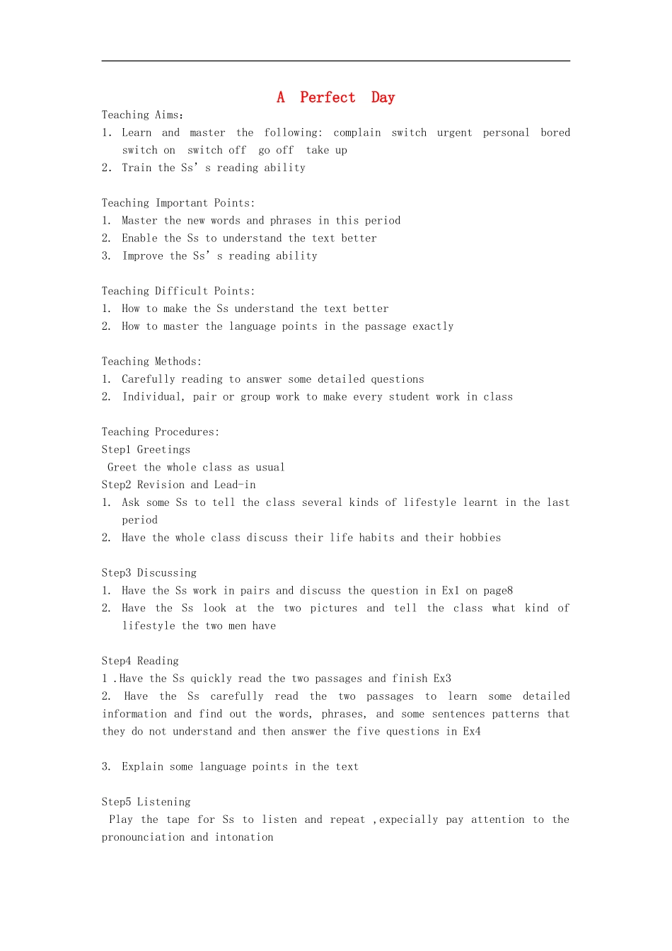 高中英语-Unit-1-Lesson1《lifestyles》A-perfect-day教案6-北师大版必修1_第1页