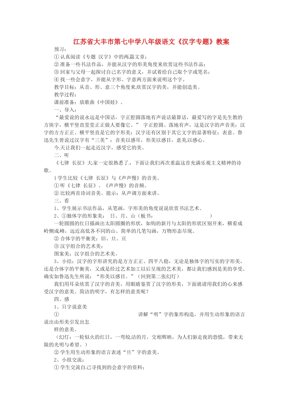 江苏省大丰市第七中学八年级语文《汉字专题》教案_第1页