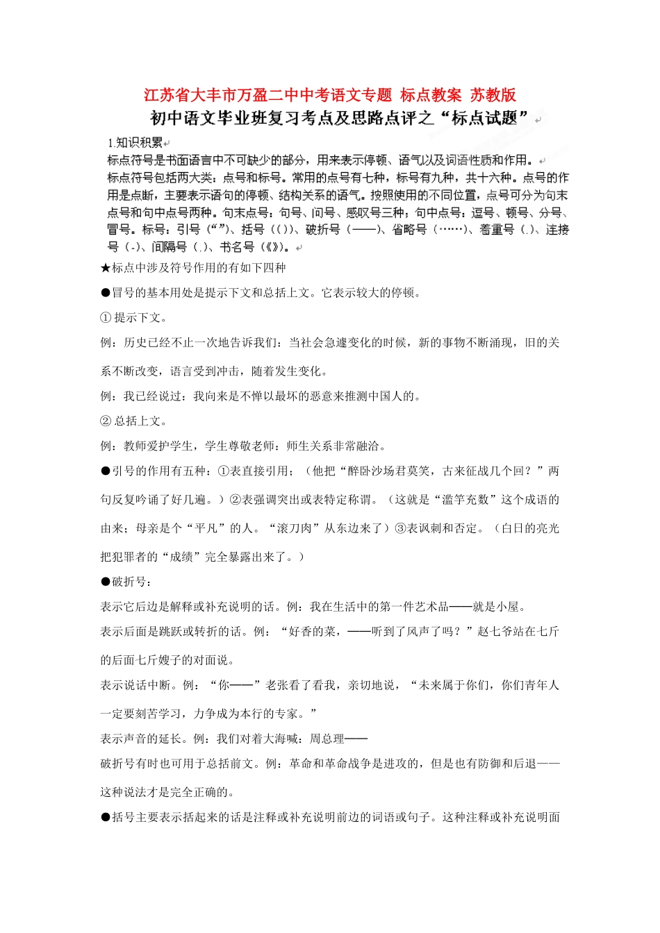 江苏省大丰市万盈二中中考语文专题 标点教案 苏教版_第1页