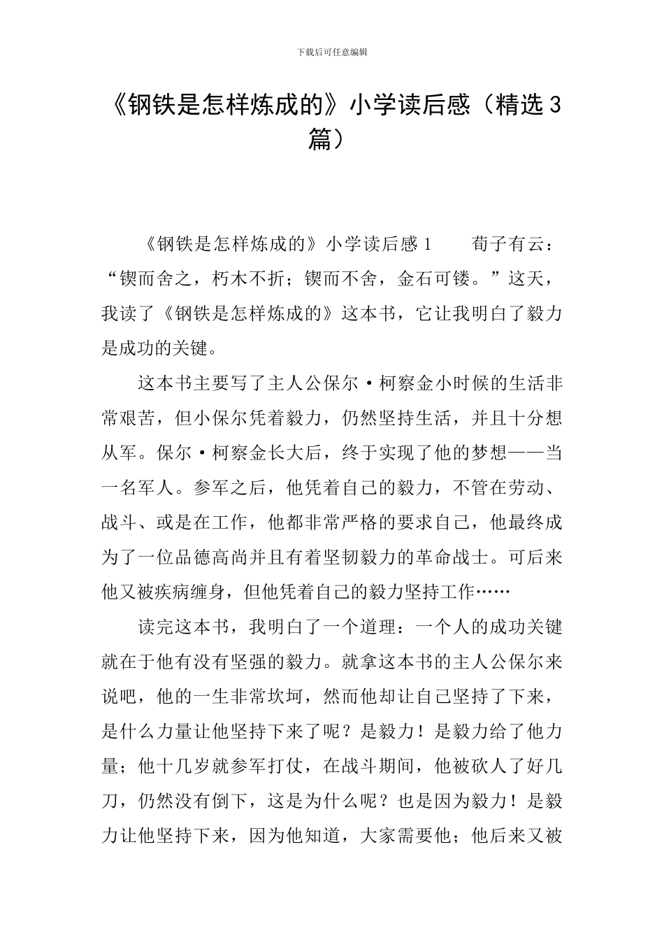 《钢铁是怎样炼成的》小学读后感_第1页