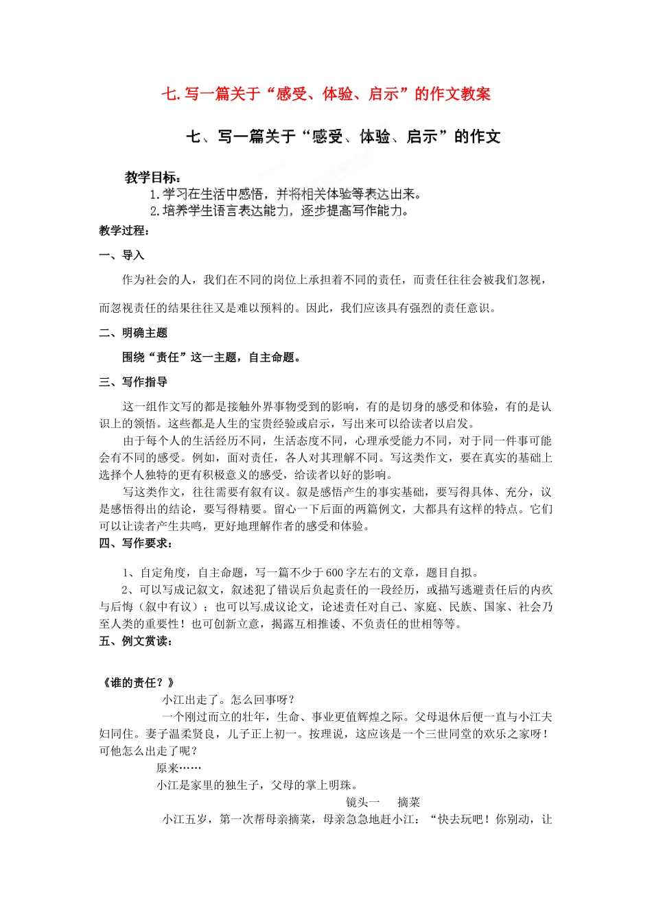江苏省淮安市涟水县大东中学九年级语文上册 七.写一篇关于“感受、体验、启示”的作文教案 苏教版_第1页