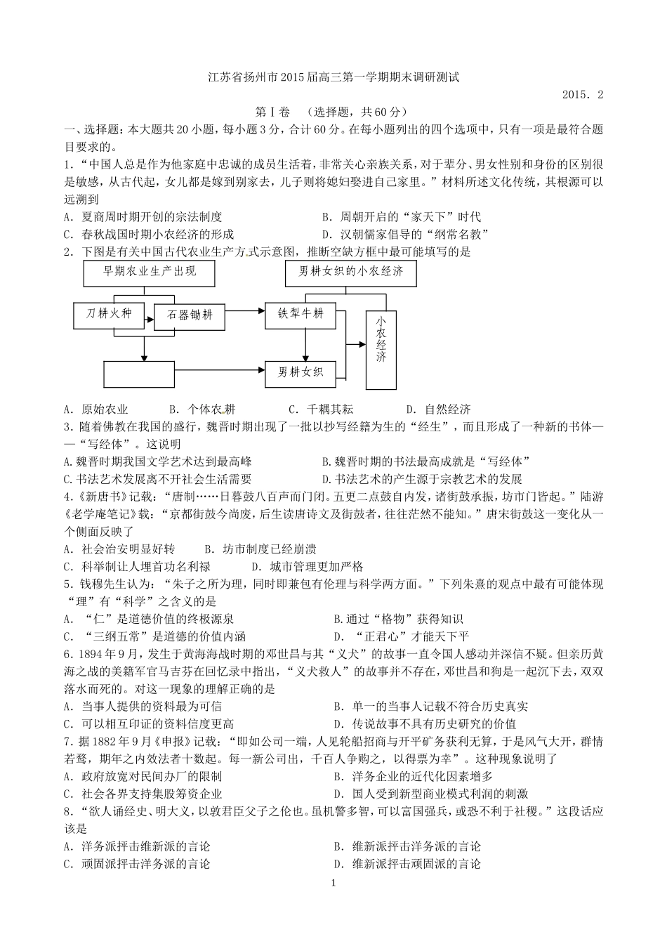 江苏省扬州市2015届高三第一学期期末调研测试_第1页
