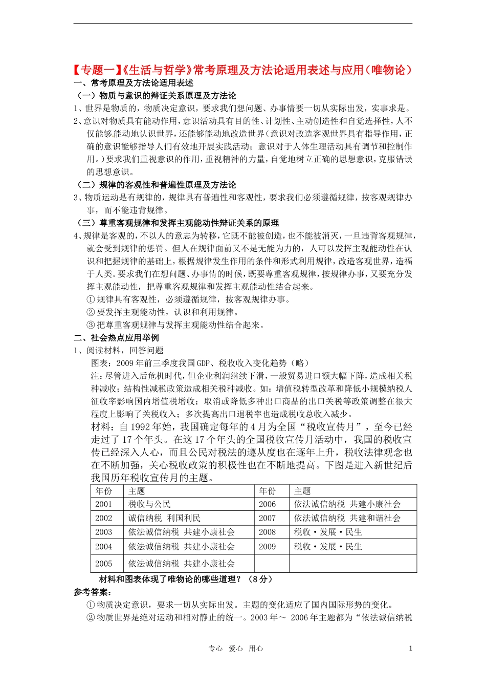 2011届高考政治二轮专题复习-专题1《生活与哲学》常考原理及方法论适用表述与应用(唯物论)学案-新人教版_第1页