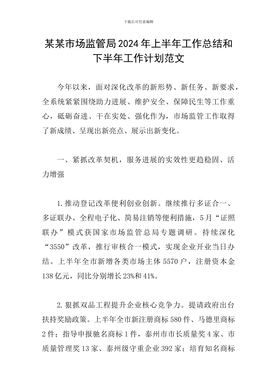 某某市场监管局2024年上半年工作总结和下半年工作计划范文_第1页