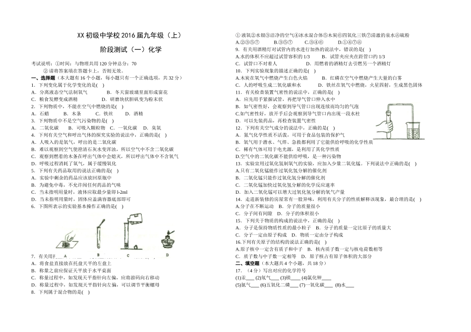 XXX初级中学校九年级阶段测试化学_第1页