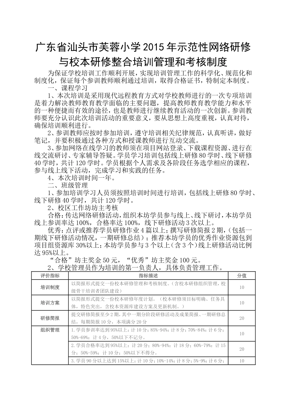 芙蓉小学2015年示范性网络研修与校本研修整合培训管理和考核制度_第1页