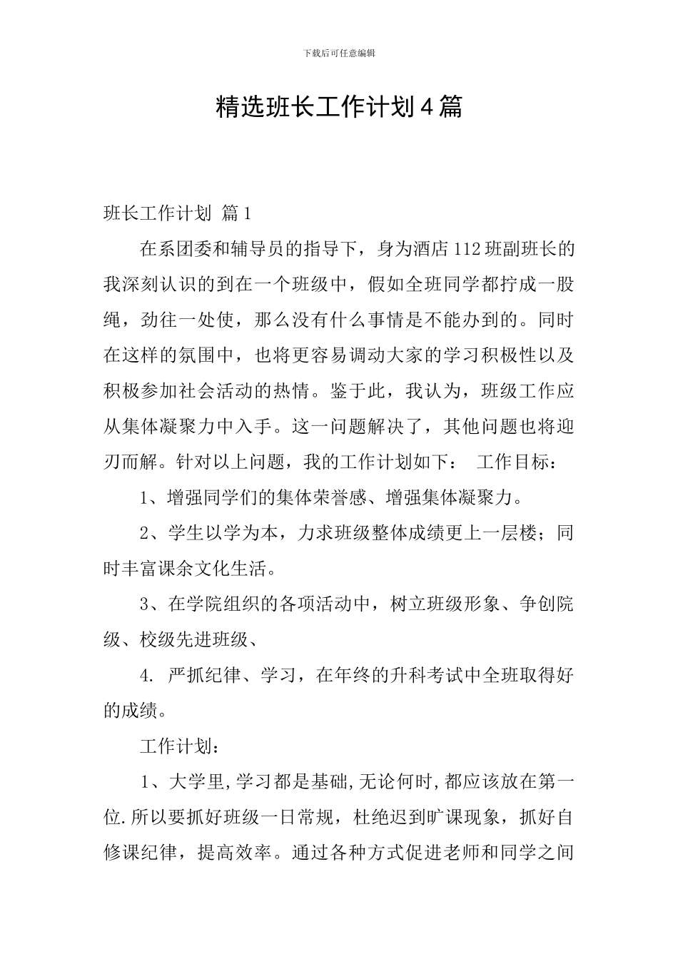 精选班长工作计划4篇_第1页