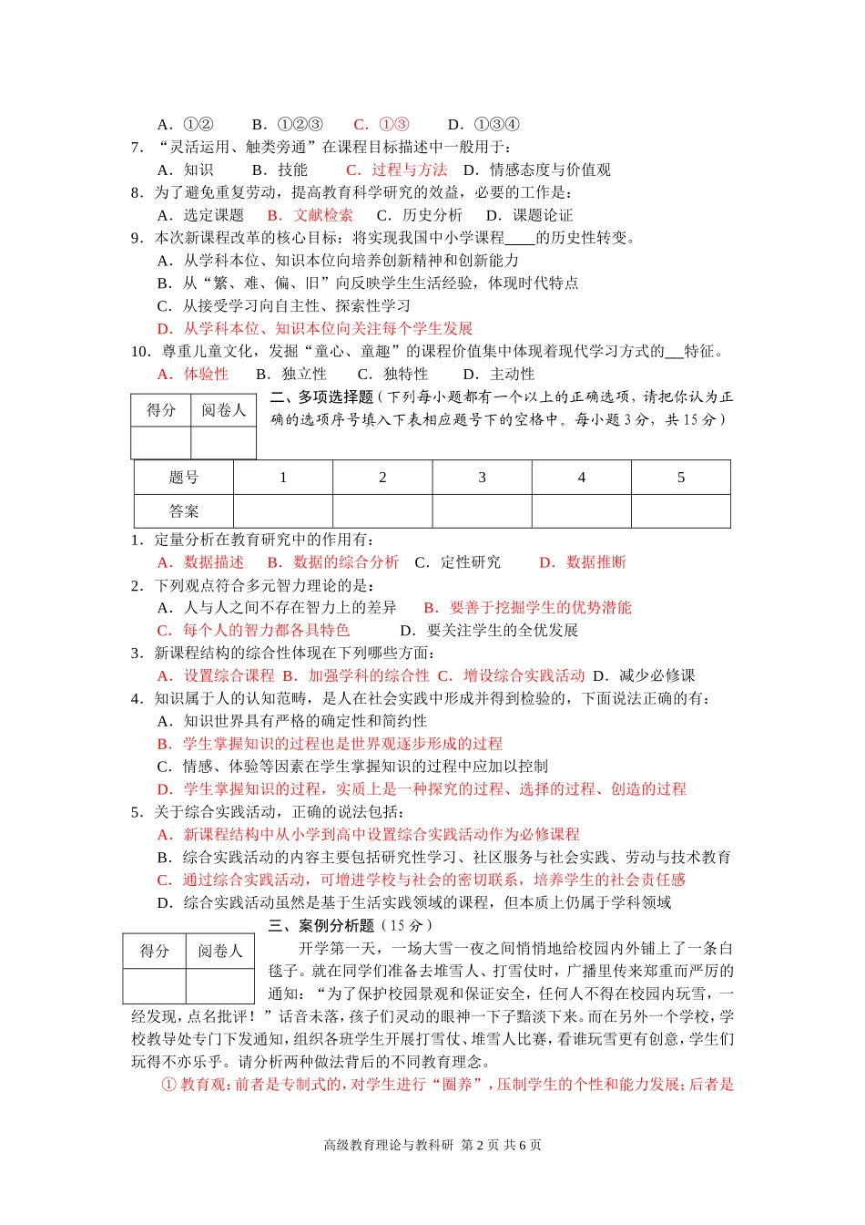 2011年常州市中小学教师晋升高级专业技术职务教育教学理论与教科研水平考试试题_第2页