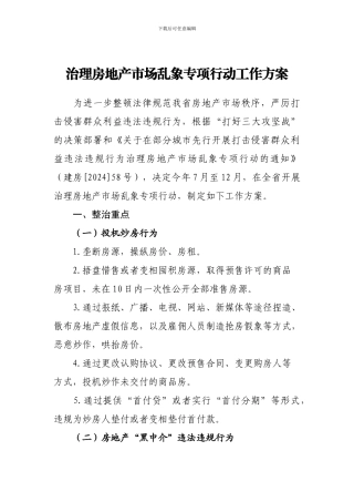 治理房地产市场乱象专项行动工作方案