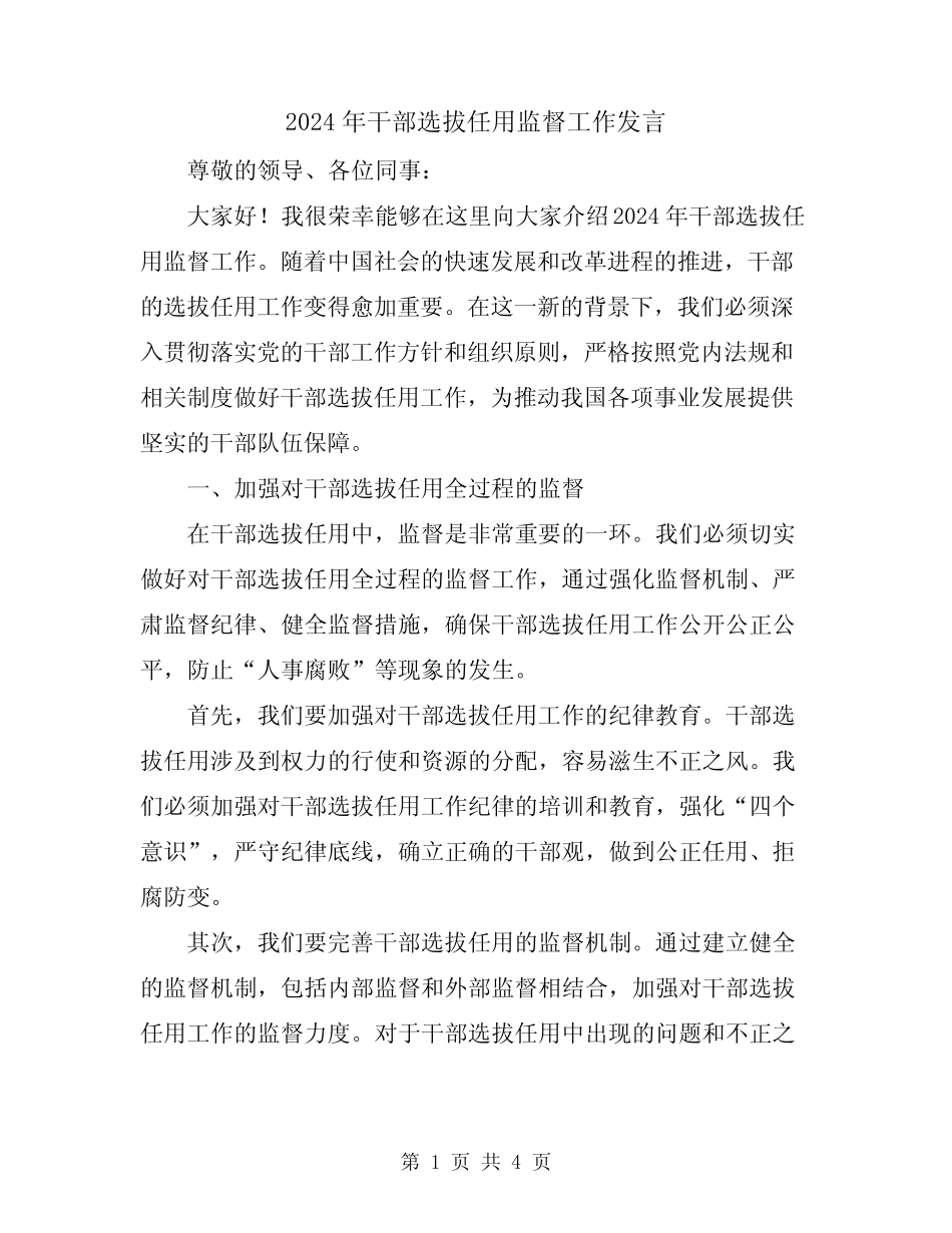 2024年干部选拔任用监督工作发言 _第1页