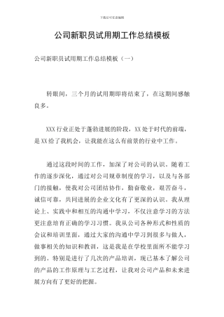 公司新职员试用期工作总结模板
