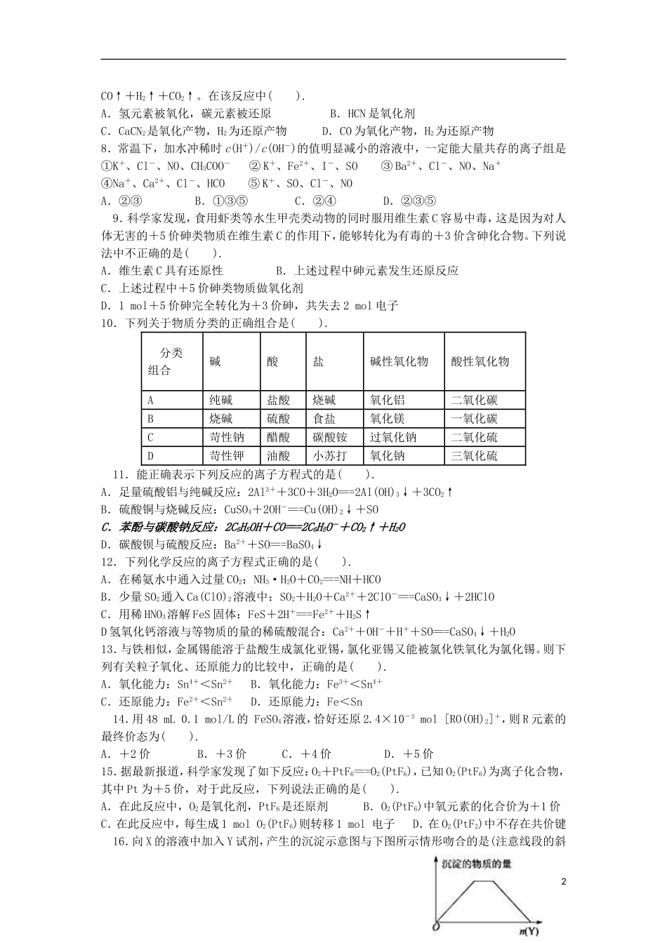 安徽省定远三中2012-2013学年高中化学下学期期末复习-第二章-化学物质及其变化1-新人教版必修1_第2页